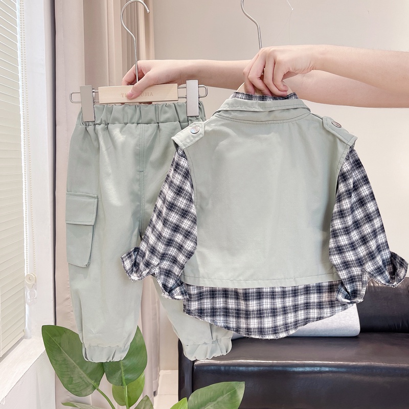 Set Áo Sơ Mi Tay Dài Kẻ Sọc Caro + Áo Vest Màu Trơn + Quần Thể Thao Phong Cách Hàn Quốc Mới Cỡ 80-120cm Cho Bé Trai / Gái