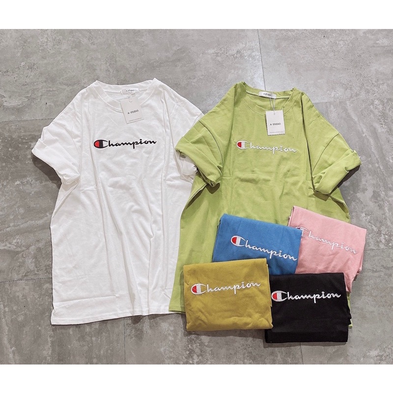 Áo phông tay lỡ chữ champi form rộng