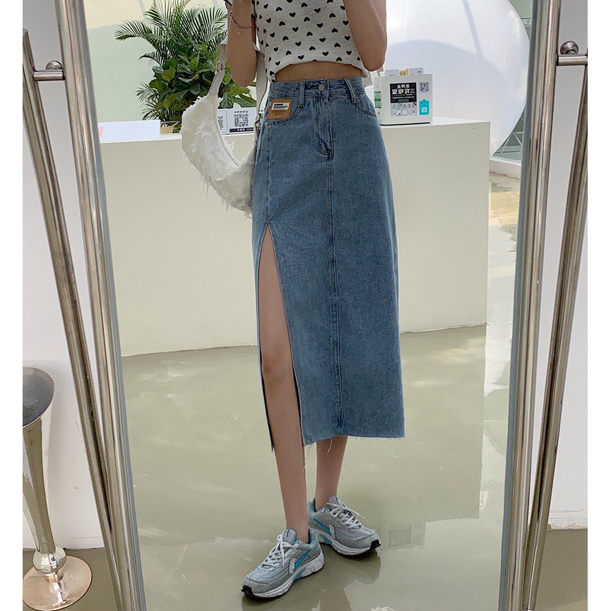 Chân váy Jean cạp cao xẻ tà 2021