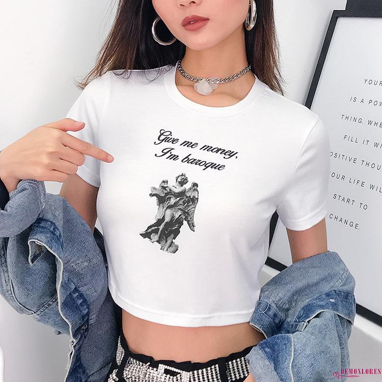 Áo Thun Nữ Ngắn Tay Cổ Tròn In Chữ Thời Trang