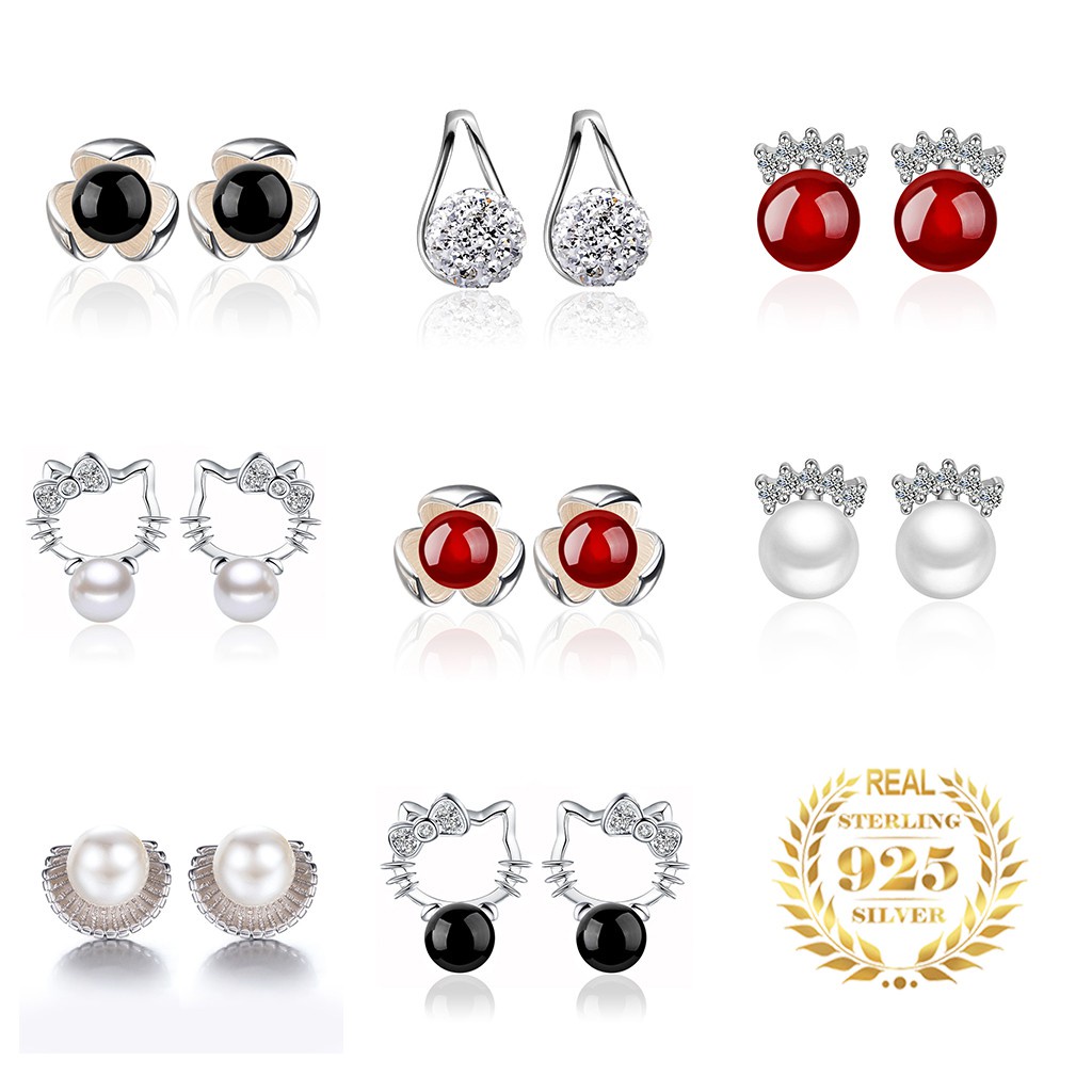 Bông Tai Mạ Bạc 925 Hình Hello Kitty Đính Ngọc Trai Xinh Xắn