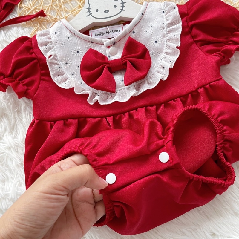 Body Đỏ Đô Tay Ngắn NHÍM XÙ KIDS Cho Bé Gái Sơ Sinh, Đầy Tháng, Thôi Nôi Chất Lụa Ướt Phối Ren Mềm Mướt - B021