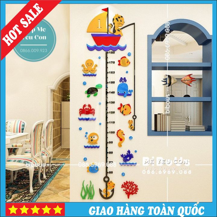 Thước Đo Chiều Cao Cho Bé, Tranh Đo Chiều Cao 3D Mèo Câu Cá, Sinh Vật Biển, Trang Trí Phòng Cho Bé ⚡ FREESHIP ⚡