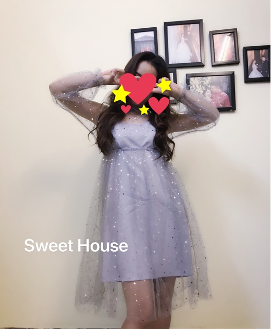 Đầm ulzzang voan nhũ đính họa tiết sao VD016(có ảnh thật)
