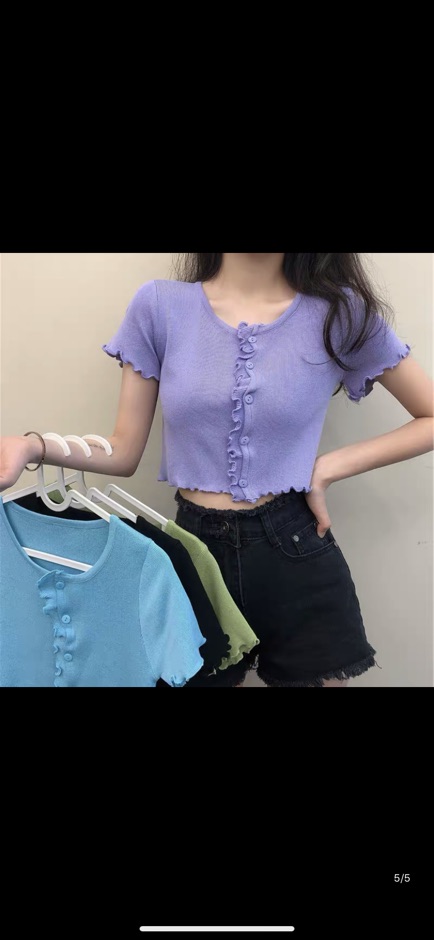 Áo croptop len dệt kim cổ tròn cúc ngực viền lượn sóng 20582 Ulzzang Style Hàng Quảng Châu