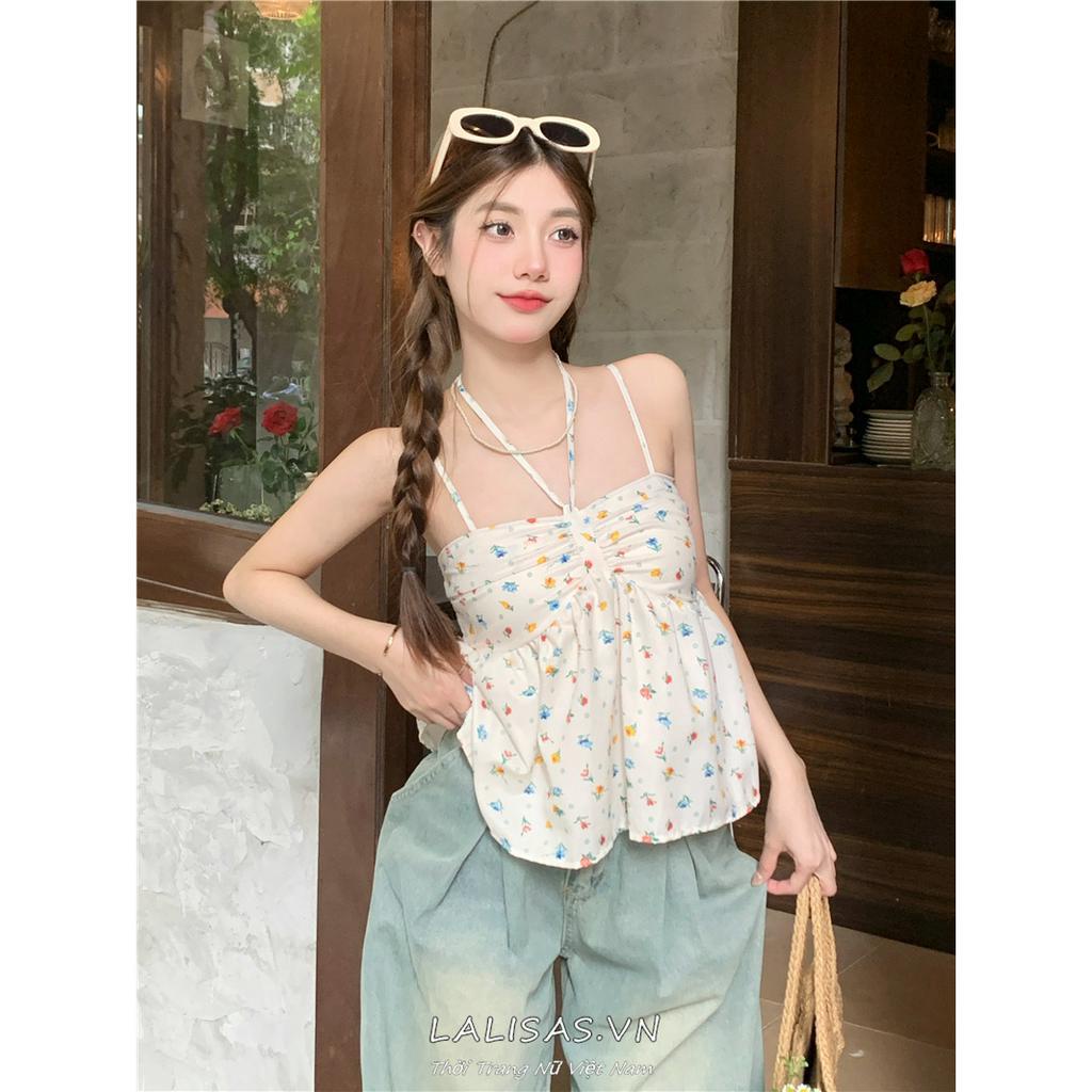 Lalisas Áo Hai Dây Croptop Ngọt Ngào In Hoa / Gia Vị Pháp Cho Nữ