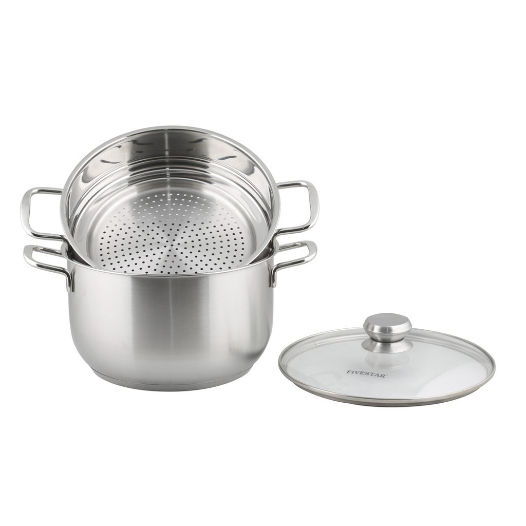 Bộ nồi xửng hấp 3 đáy inox 430 FiveStar Standard nắp kính tặng 2 muỗng canh (24cm /26cm / 28cm /30cm /32cm)