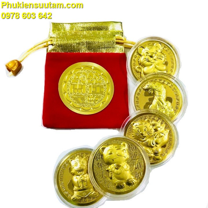 Đồng Xu Hình Con Cọp CUTE Tặng Túi Gấm 2022, Chất liệu Nhung, nhựa arylic, làm quà tặng ý nghĩa dịp Lễ, Tết - SP005406