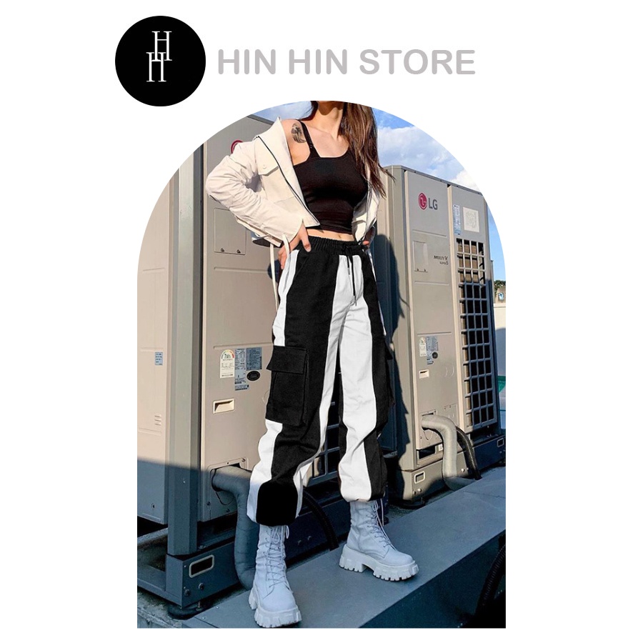 Quần thể thao ghép trắng đen lai chun co giãn cá tính HQD52 Hỉn Hỉn Store