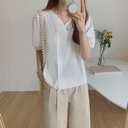 Áo Sơ Mi Tay Ngắn Cổ Chữ V Màu Trơn Dễ Thương Dành Cho Bạn Nữ 34772