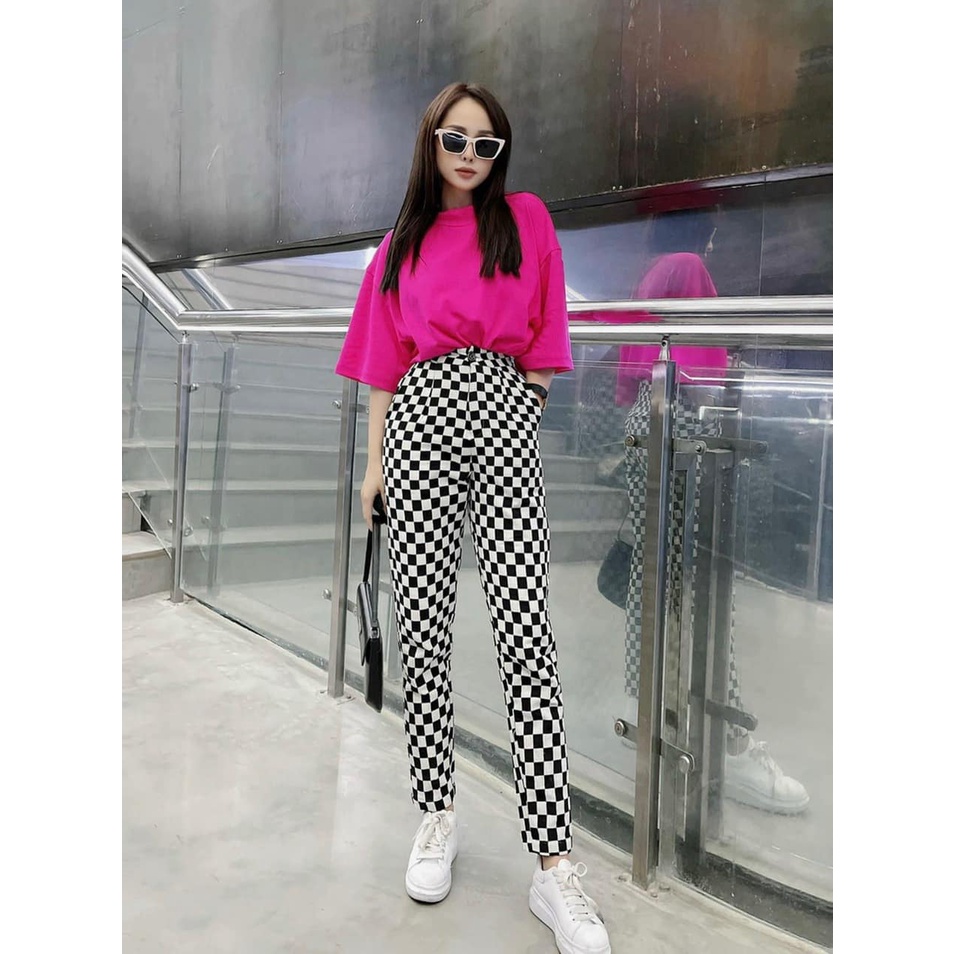 SET ÁO PULL THUN HỒNG TAY NGẮN+QUẦN DÀI LƯNG CAO KẺ SỌC CARO TRẮNG ĐEN BAGGY Ô ULZZANG