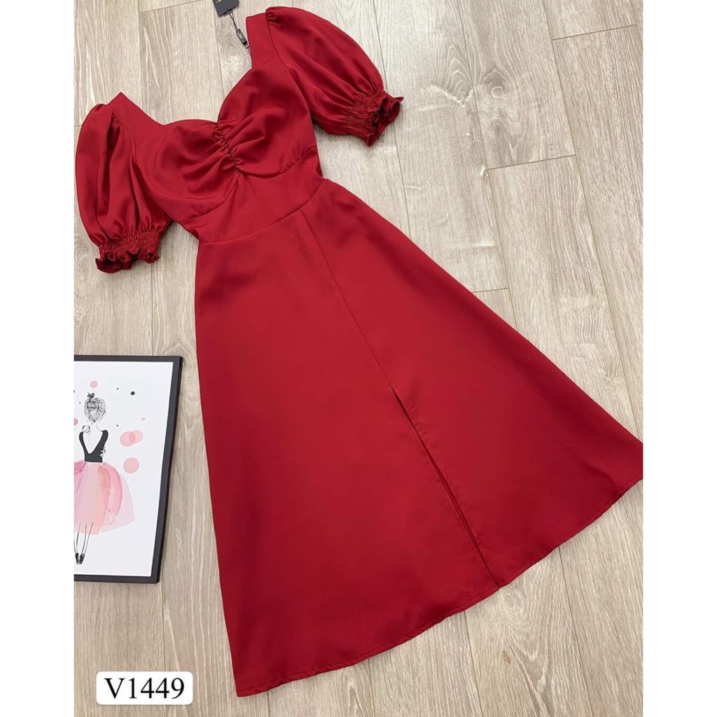 Váy đầm nữ dáng xòe kiểu tay phồng nhún ngực chất umi mềm mịn thoải mái cho người mặc