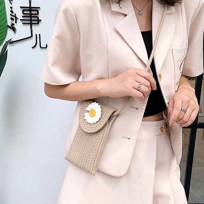 Túi Đeo Chéo Vai Bằng Cotton Dệt Kim Họa Tiết Hoa Cúc Nhỏ Phong Cách Vintage Thời Trang Cho Nữ