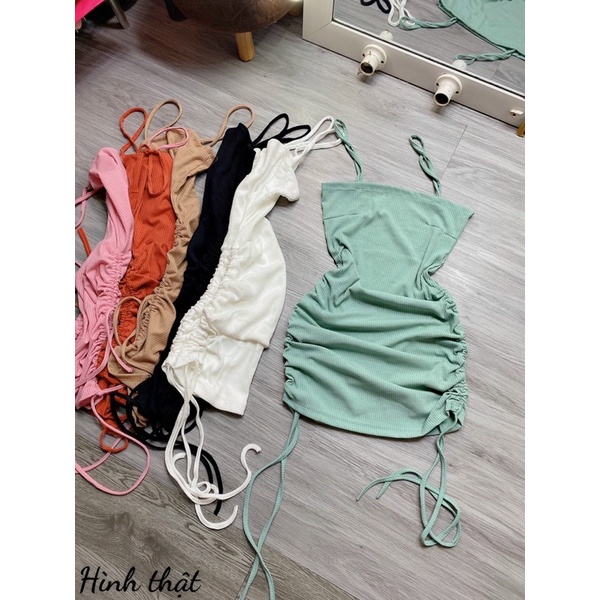 đầm hai dây body rút dây chất len gân