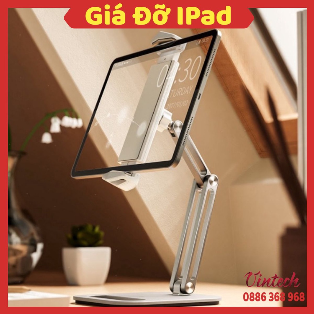 Giá Đỡ iPad, Máy Tính Bảng Nhôm Gấp Gọn Để Bàn Xoay 360 Độ Có Thể Điều Chỉnh Độ Cao Kẹp Đỡ Điện Thoại, iPhone Cao Cấp