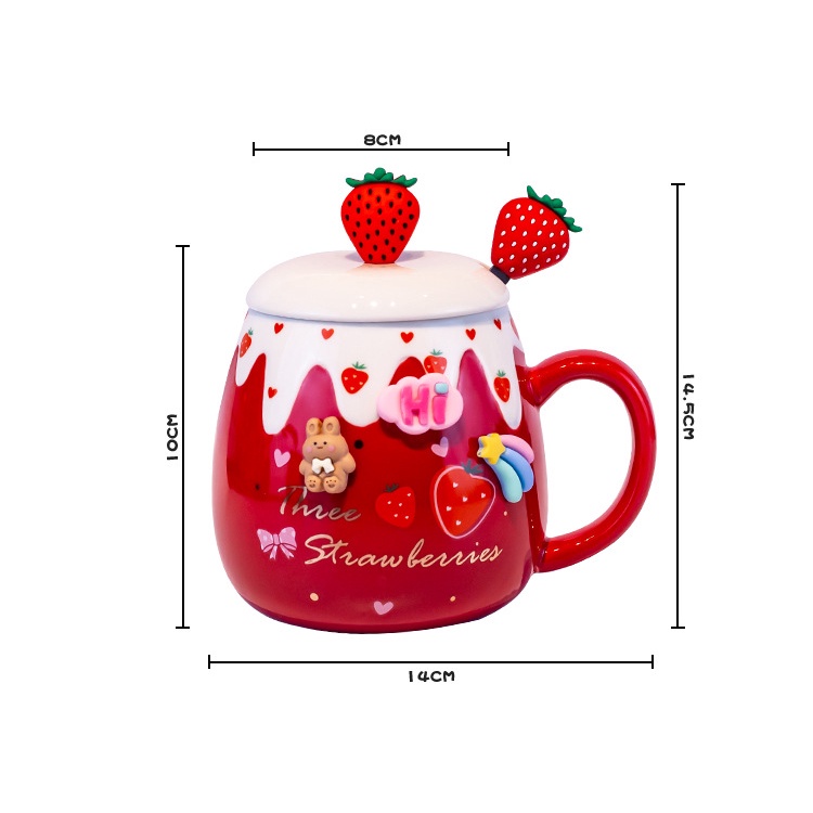 Ly sứ hình trái dâu có nắp kèm muỗng và ống hút dung tích 450ML