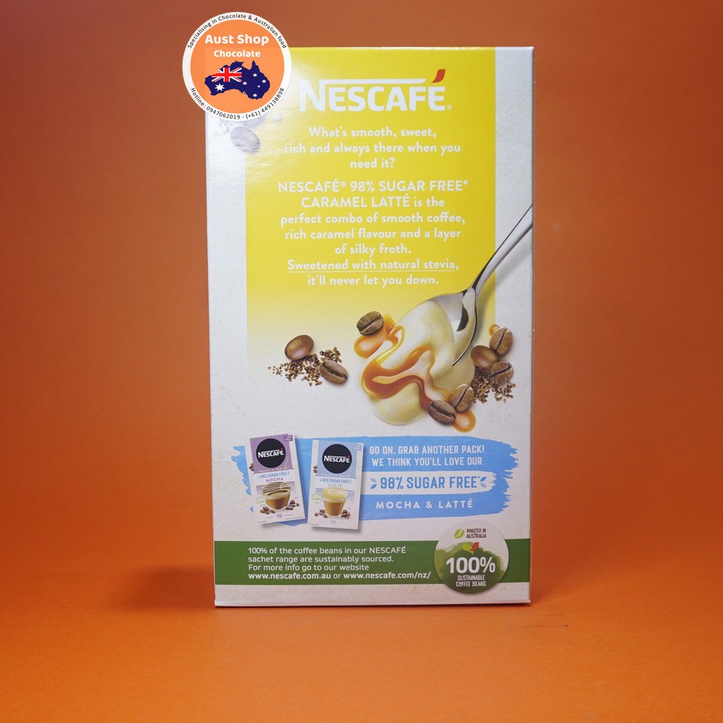 Cà phê hòa tan ít đường Caramel Latte Nescafe 98% Sugar Free Caramel Latte Sachets 10 pack (gói) - Aust Shop Chocolate