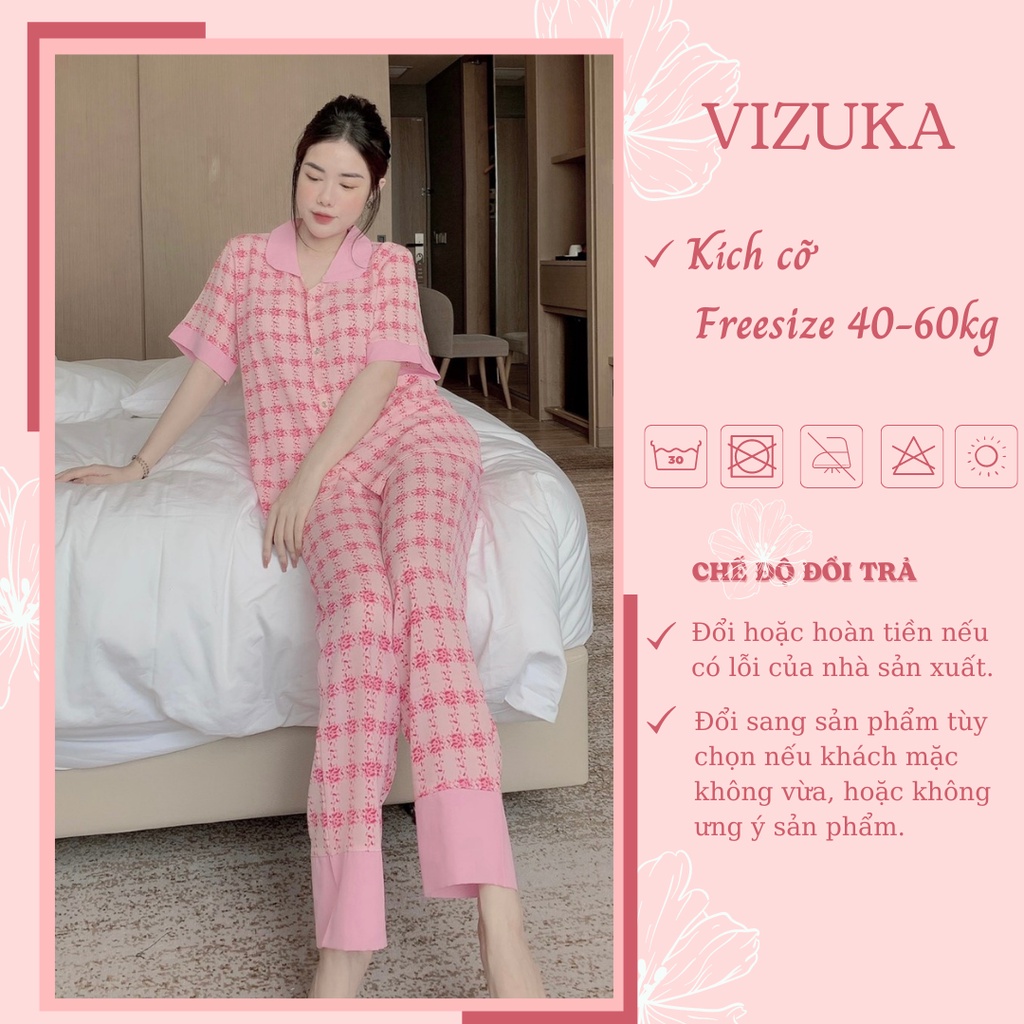 Đồ ngủ pijama nữ lụa cộc tay quần dài cổ sen hoạ tiết dễ thương VIZUKA