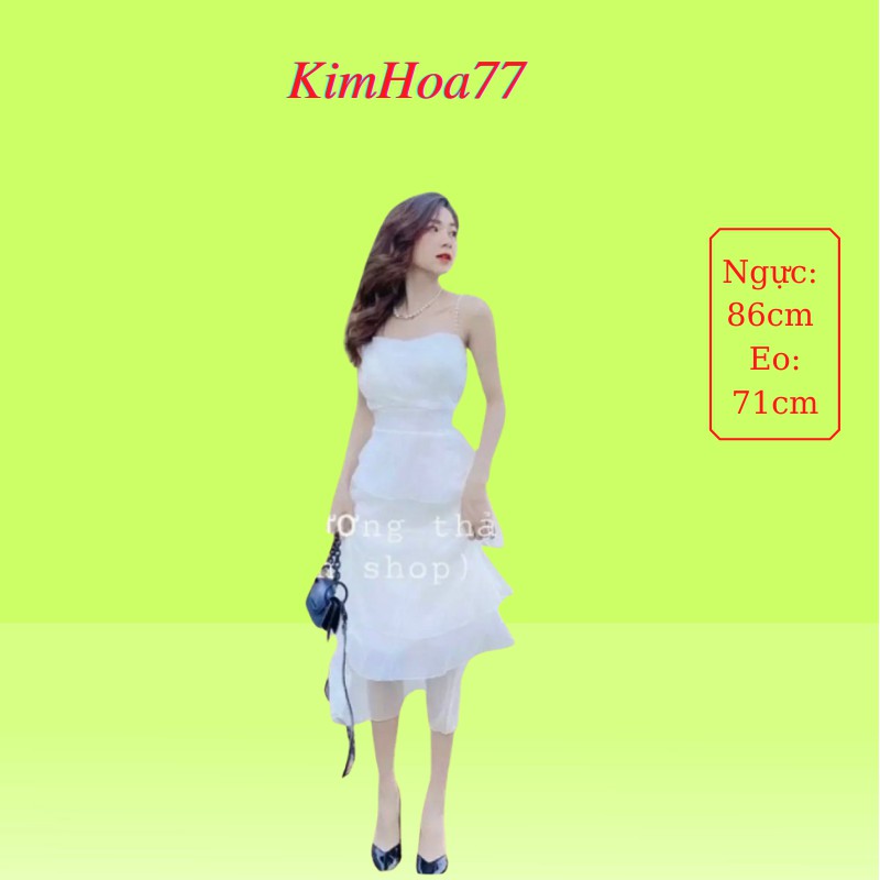 Váy 2 dây đính ngọc đầm nữ dự tiệc freesize chất voan cao cấp 2 lớp dạng tầng có mút ngực kimhoa77