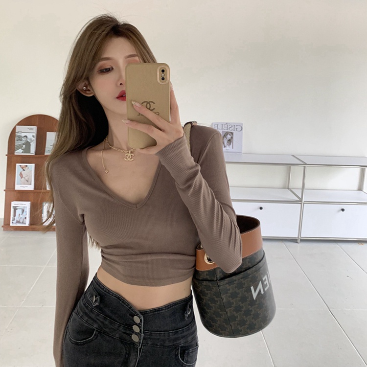 Áo Thun Tay Dài Cổ Chữ V Có Đệm Ngực Gợi Cảm Cho Nữ
