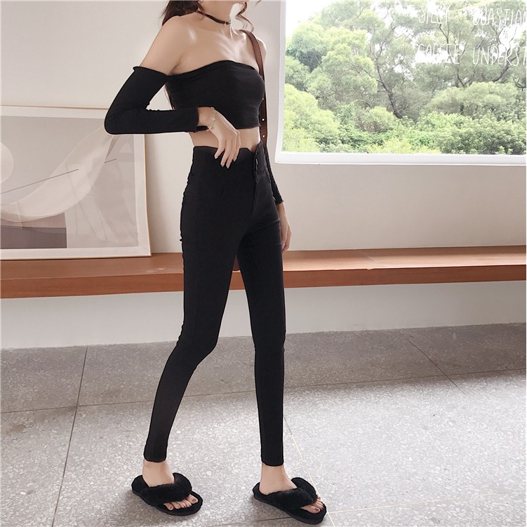 Quần skinny lưng cao co giãn thiết kế dây đan chéo cá tính