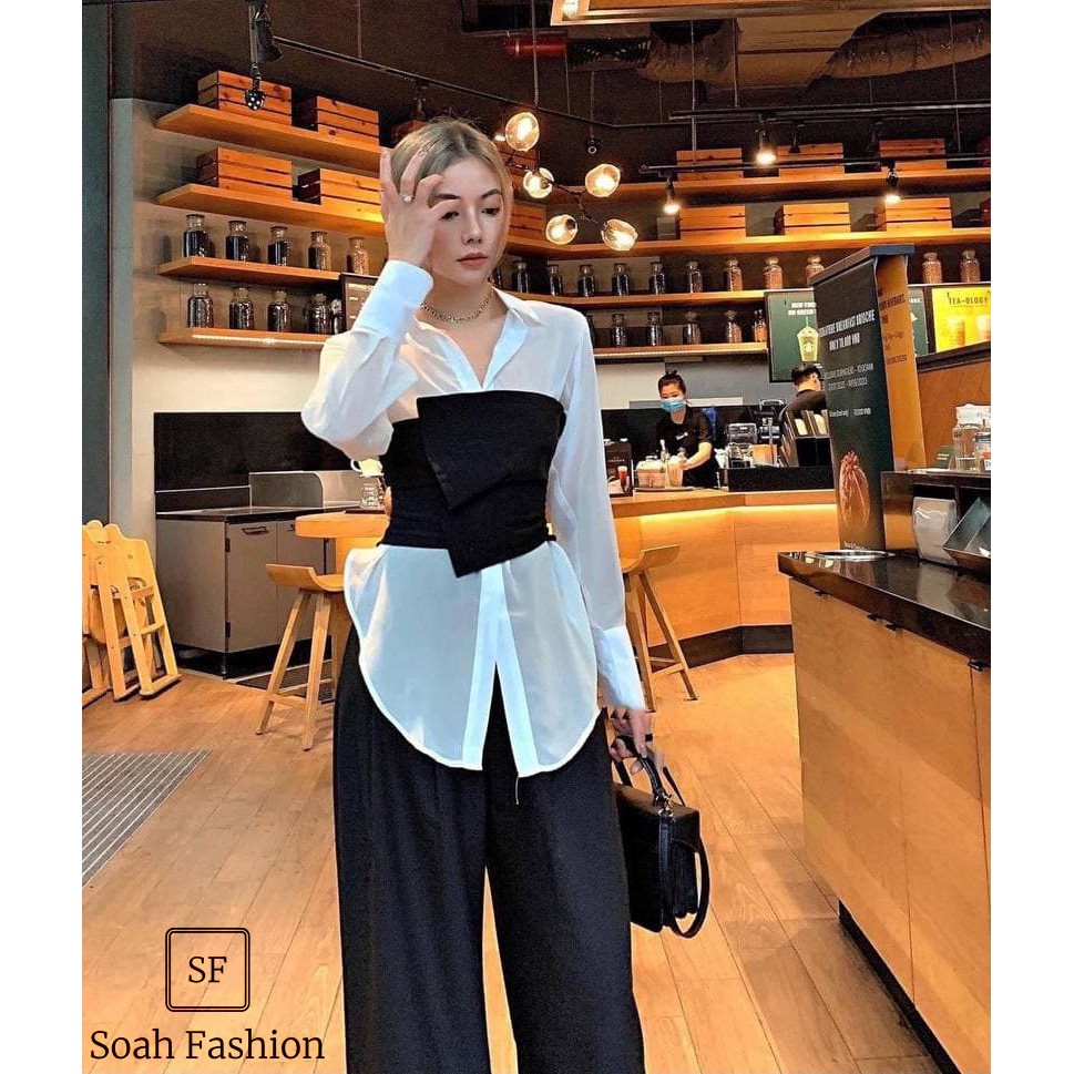 Set Áo Sơ Mi Trắng + Áo Ống Đen (Set Rời) ❤️ Áo sơ mi lụa nữ tay dài công sở hàn quốc thiết kế, áo ống lưng chun co giãn | BigBuy360 - bigbuy360.vn