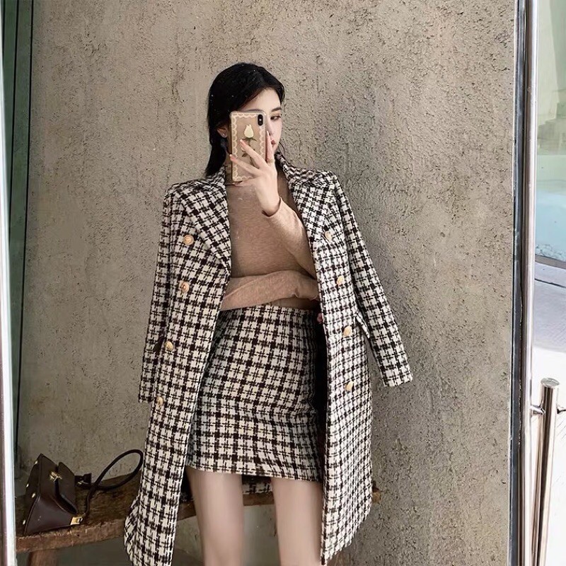 Set áo khoác+chân váy dạ kẻ