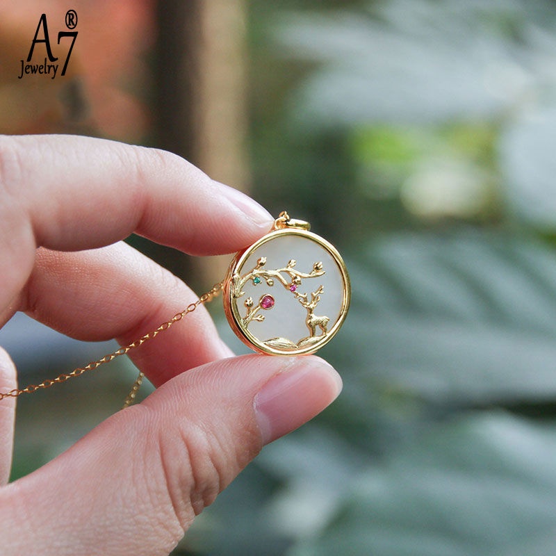 Vòng cổ Bạc S925 Mặt Ngọc Bích Trắng Vàng 18K Hình Hươu Chống Nước