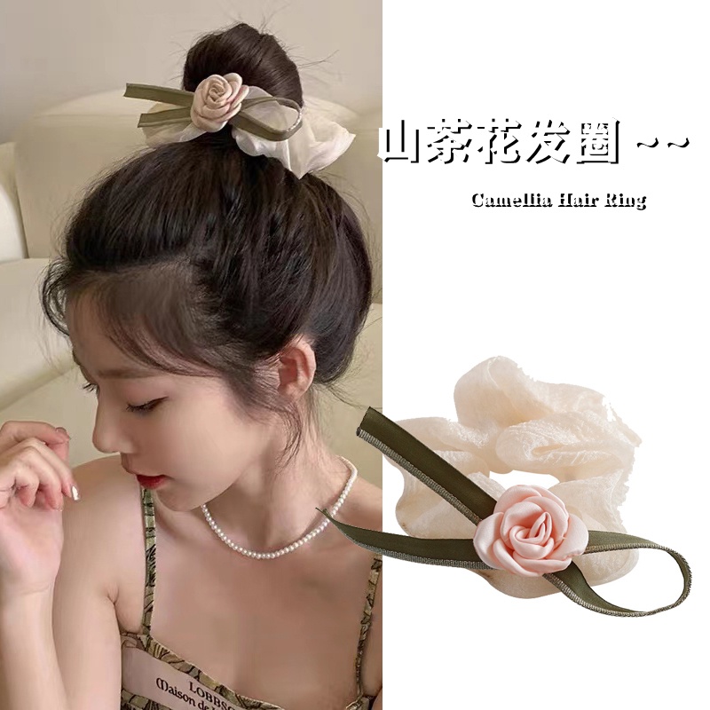 Dây Buộc Tóc Cao Su Co Giãn Phối Ruy Băng Lụa Hình Hoa Hồng Cỡ Lớn Thời Trang Mùa Xuân 2022