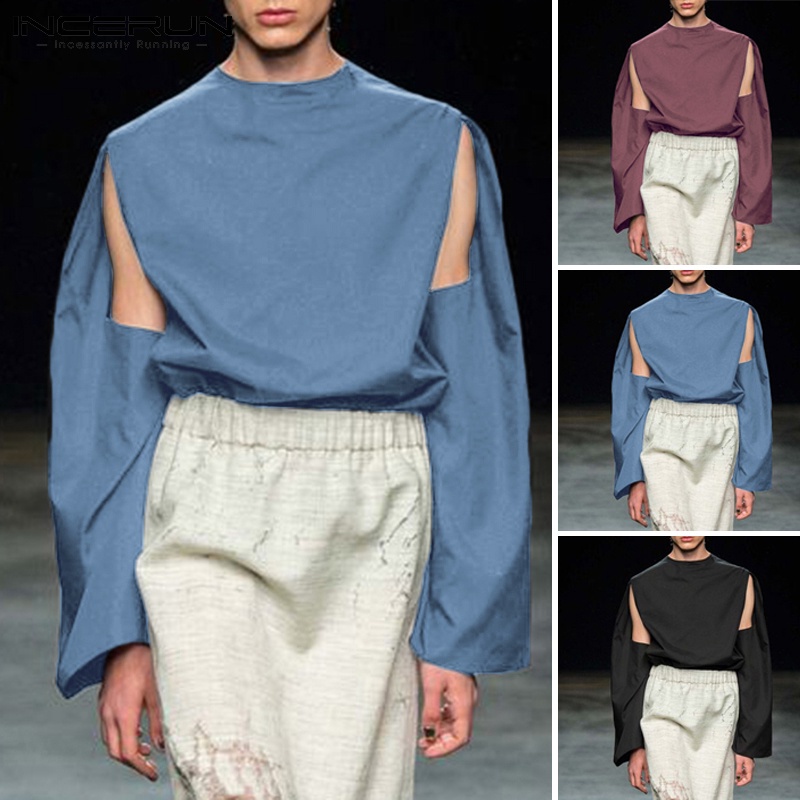 Áo thun INCERUN cổ tròn dài tay thiết kế cắt hở 3 màu thời trang cho nam