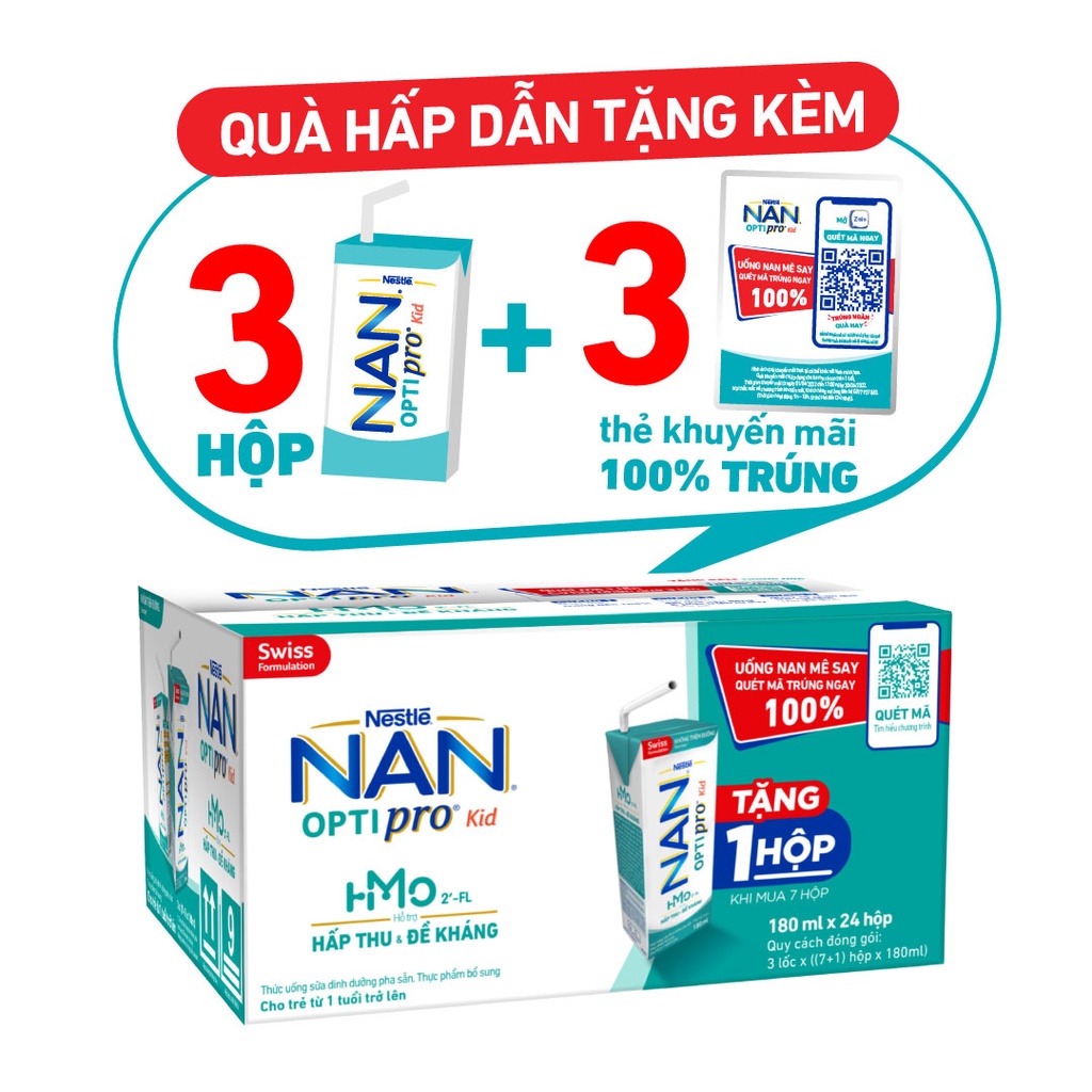 [FMCGMALL -8% đơn từ 250K]  Thùng 24 Hộp Sữa Dinh Dưỡng Pha Sẵn Nestlé NAN OPTIPRO Kid 3x(8x180ml) - MUA 7 TẶNG 1