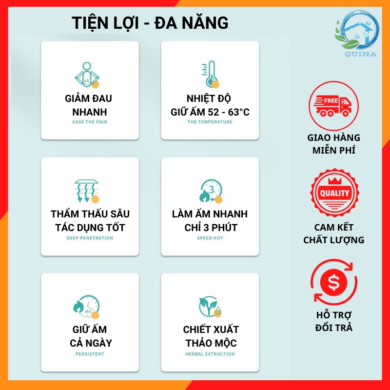 Miếng Dán Giữ Nhiệt Hương Ngải Cứu Đa Năng Sưởi Ấm Giảm Đau Mỏi Cổ Vai Gáy Đau Lưng Đau Bụng Ngày Đèn Đỏ Quina QN025