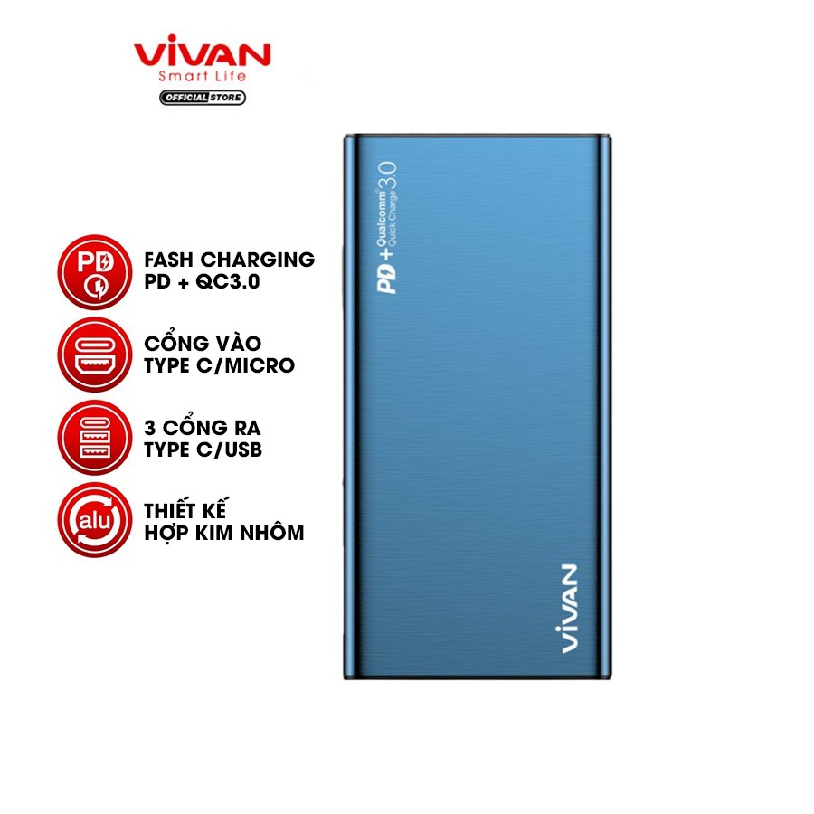 Pin Sạc Dự Phòng 10000mAh VIVAN VPB-F10S 18W Sạc Nhanh Chuẩn PD/QC 3.0 - 2 Input 3 Output - BẢO HÀNH 12 THÁNG 1 ĐỔI 1