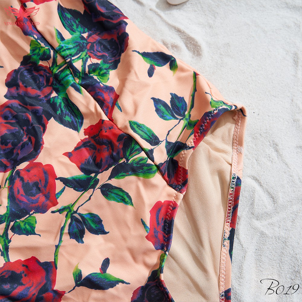 Set đồ bơi bikini nữ liền thân 1 mảnh kiểu hai dây cup ngực đi biển mùa hè họa tiết hoa hồng sexy quyến rũ B019 VNGO