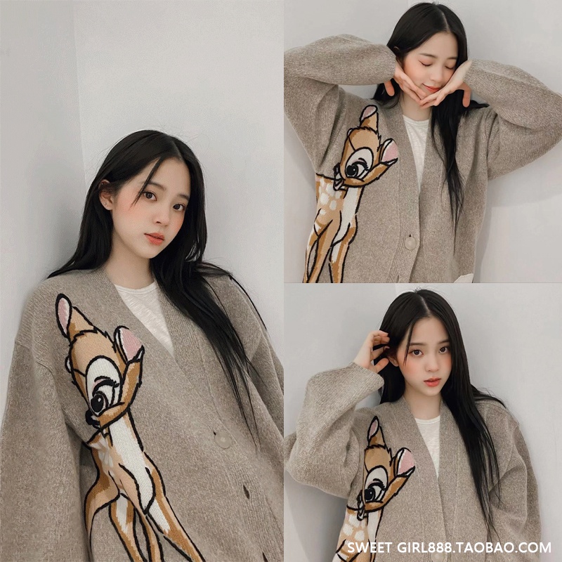 Áo khoác Cardigan hươu sao dệt kim dáng rộng kiểu Retro Hàn Quốc thời trang cho nữ