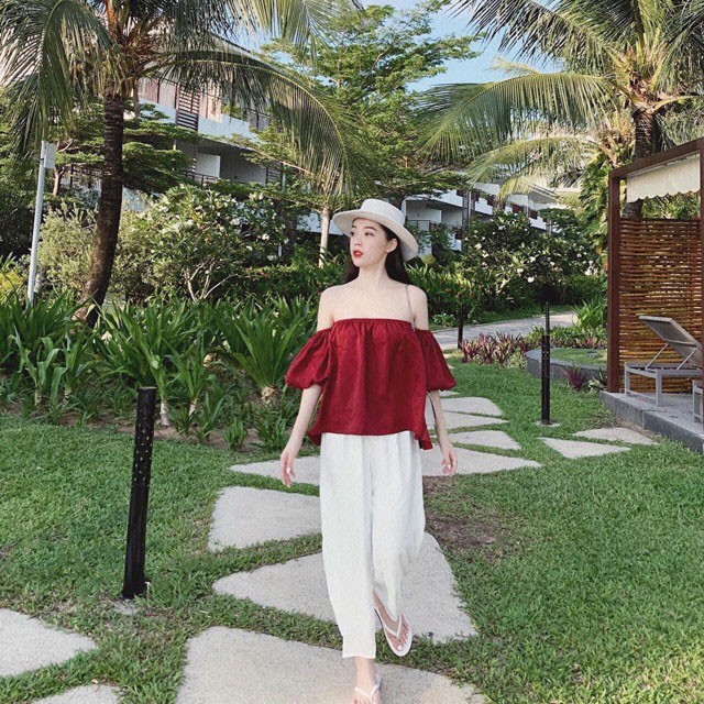áo trễ vai tay bồng chun ngực- áo bánh bèo nữ tính duyên dáng