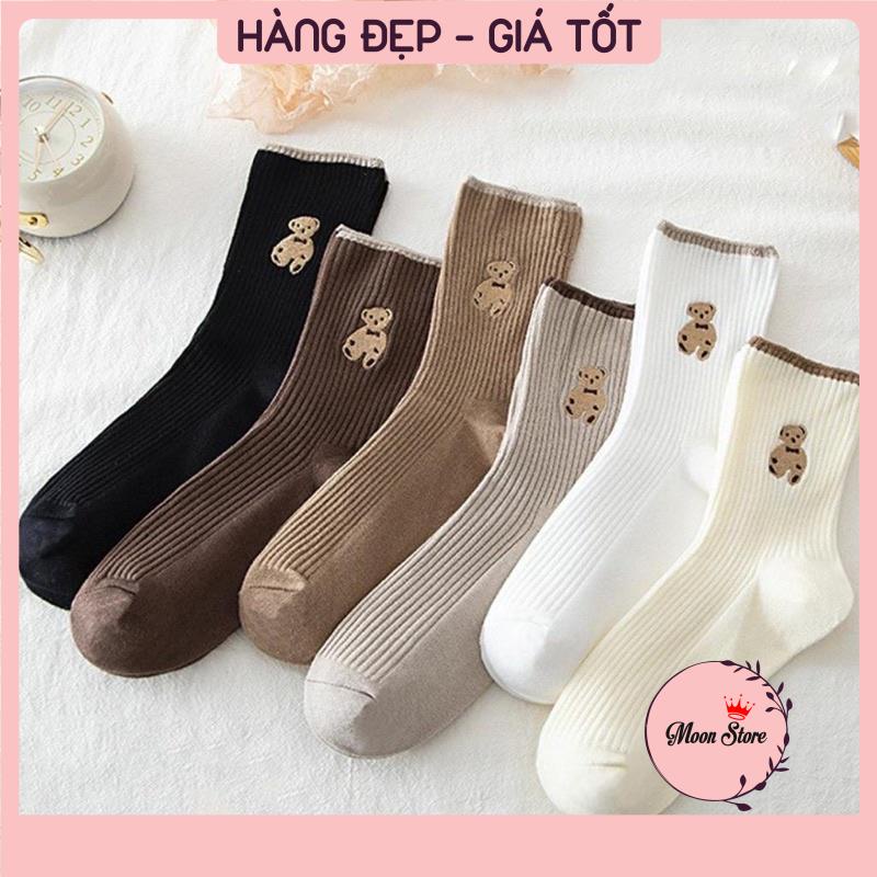 Set 5 đôi tất vớ nữ cổ cao hình gấu nâu len gân tăm cực đẹp hotrend BT5