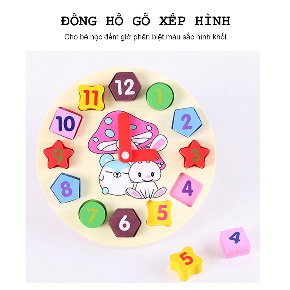 Đồng hồ Gỗ xếp hình học cho bé học đếm giờ phân biệt màu sắc hình khối - Đồ chơi gỗ phát triển trí tuệ - Baby Toys