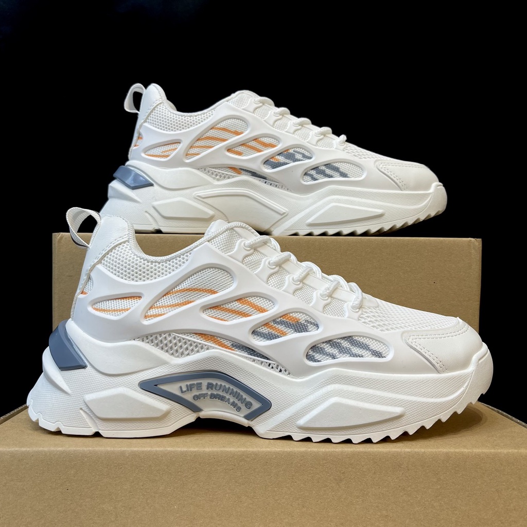 Giày thể thao nam, giày nam độn đế Trắng vân cam E07