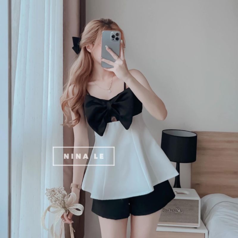 Set áo hai dây phối nơ + quần short đen (Size 40-53kg)