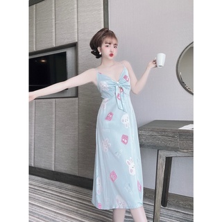 Đầm maxi 2 dây thắt nơ lụa latin mềm mát, váy maxi hè