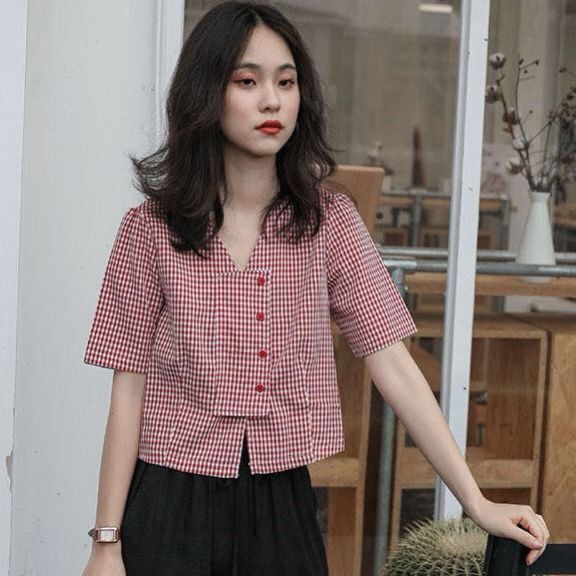 Áo Sơ Mi Cổ Chữ V Dáng Ôm Hoa Văn Kẻ Ô Thời Trang Mùa Hè 2022 Dành Cho Nữ