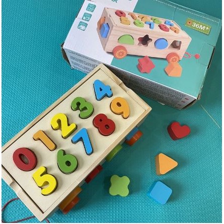 Hộp đồ chơi xe kéo thả hình khối và số đếm nhiều màu sắc, đồ chơi gỗ cho bé phát triển trí tuệ