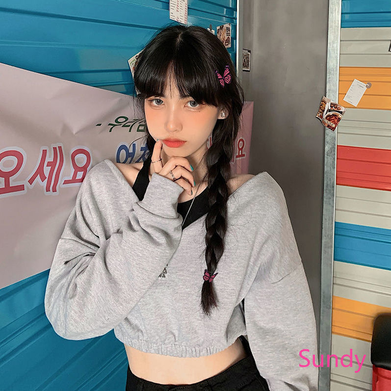 Áo croptop chất cotton tay dài thiết kế trễ vai quyến rũ cho phái nữ