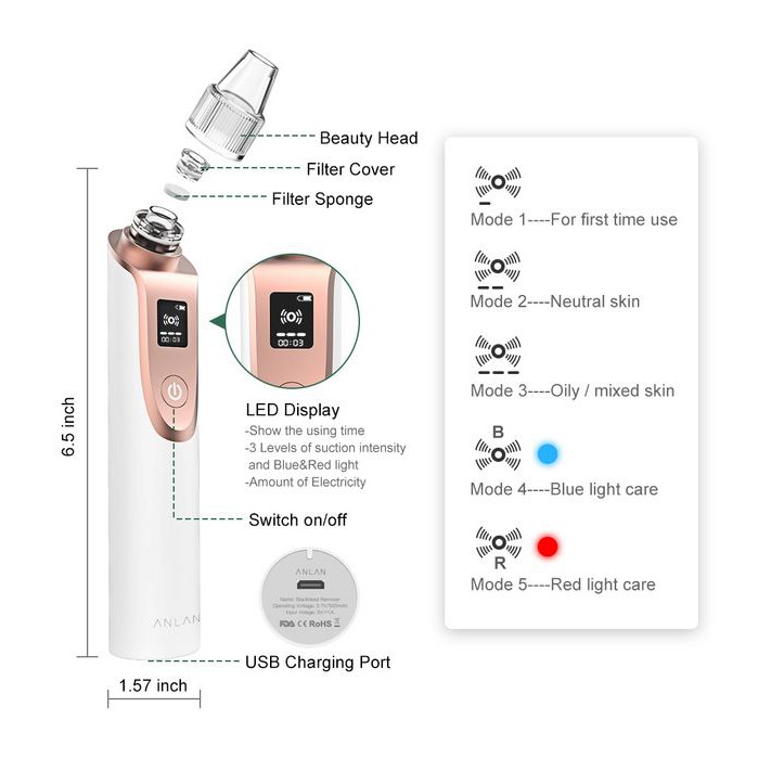 [Mã FMCGM50 - 8% đơn 250K] ANLAN Blackhead Vacuum Suction Deep Cleaner Beauty Tool