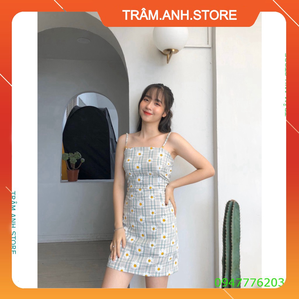 VÁY 2 DÂY KẺ CARO DAISY KHÓA KÉO CHUN SAU QUẢNG CHÂU - VÁY CHỮ A SỌC HOA CÚC HOT 👗 👑