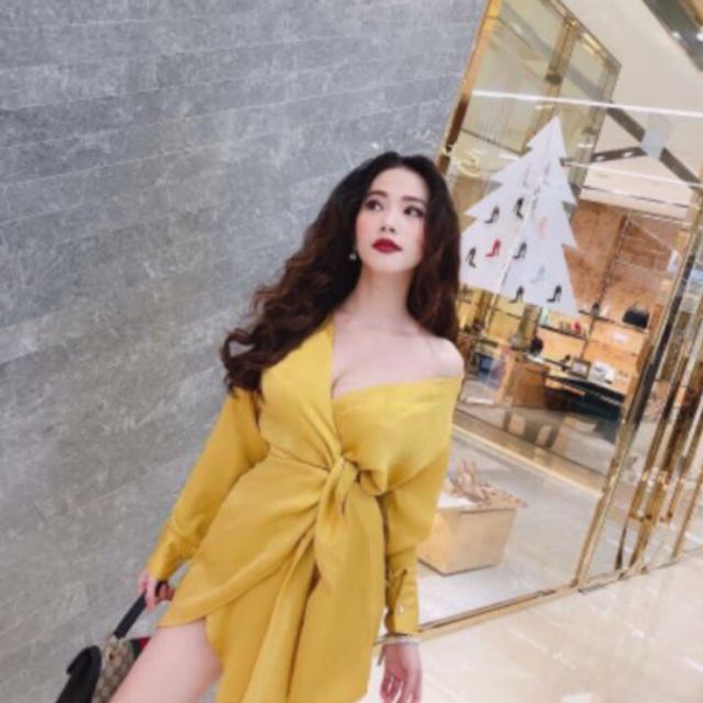 Đầm sơ mi lụa rớt vai xoắn eo