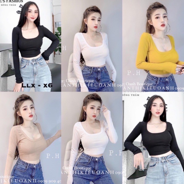 Áo thun cổ vuông trơn dài tay, Áo kiểu dài tay cổ vuông vải cotton co giãn PC1002 - NhiNhiShop