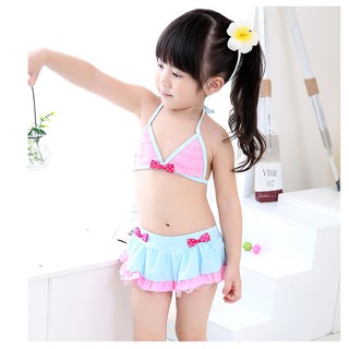 Đồ bơi bikini cho bé nơ xanh hồng kèm mũ