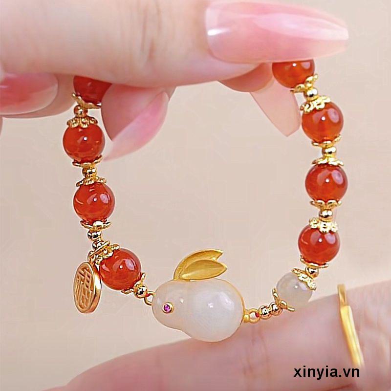 Vòng Tay Xỏ Hạt Đá Mã Não Đỏ Dễ Phối Đồ Hình Thỏ Cá Tính Cho Bạn Gái